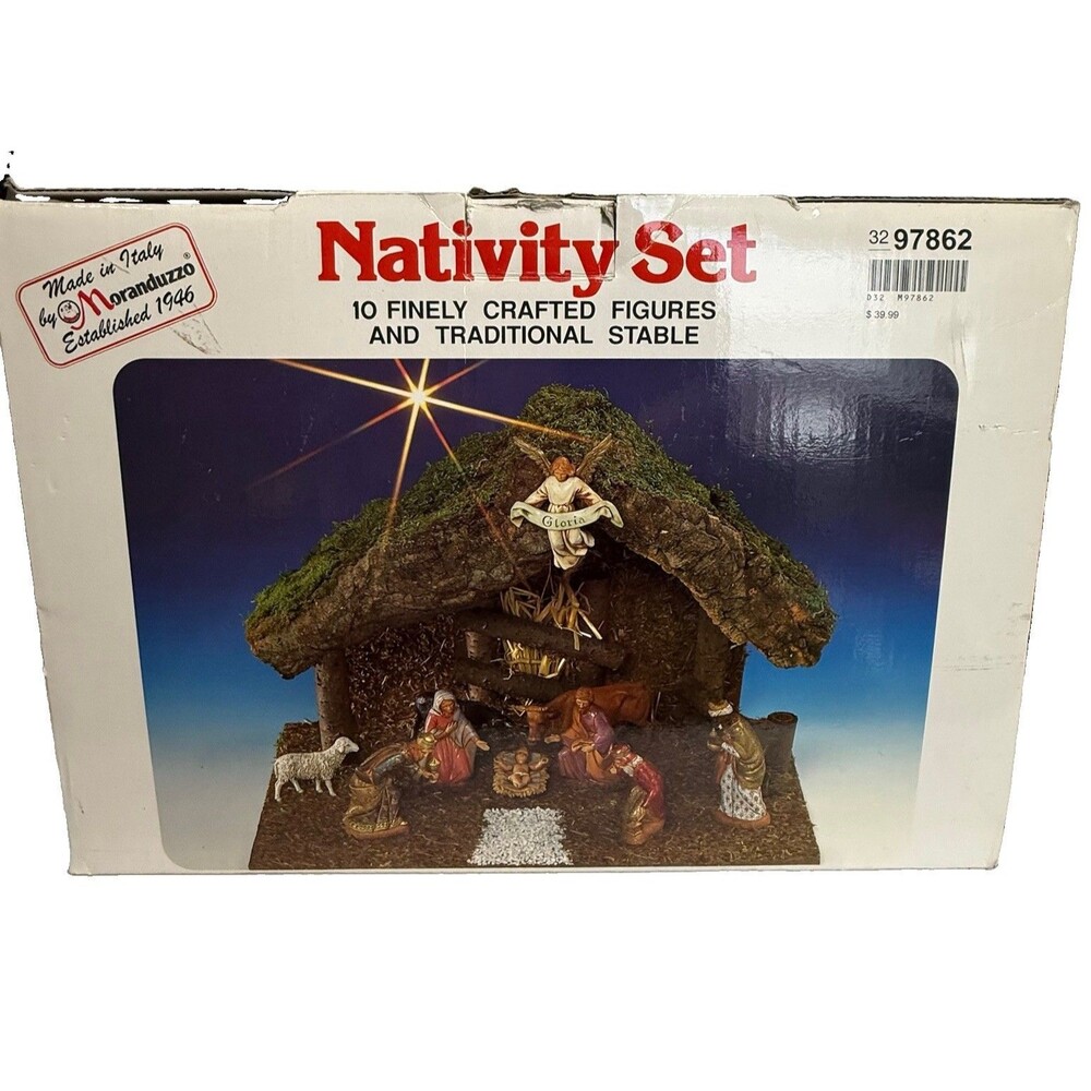 Vtg Sears Nativity Wood Stable Manger 9 Figures Italy Set Complete #97682 W/Box